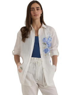 Petite Oversize Floral Eyelet-Logo Linen Shirt LAUREN Ralph Lauren