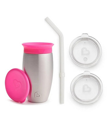 Miracle Stainless Steel 360 Sippy Cup, 10 oz, with 3 piece Sipper and Straw Lid, Pink Munchkin