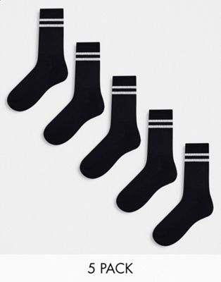 Пять пар черных спортивных носков с белой полоской ASOS DESIGN ASOS DESIGN