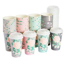 48-Pack Disposable Floral Paper Coffee Cups with Lids 16 oz , To Go Coffee Cups for Flower-Themed Birthday Party Supplies, Wedding Reception, Baby Shower (4 Pastel Colors) Blue Panda