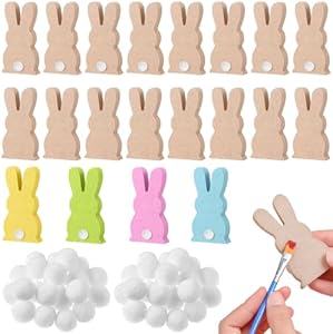 Easter Wooden Bunny Cutouts Unfinished Blank Bunny Table Wooden Signs with 22 White Felt Balls,30 Adhesive Dots for Crafts Easter(Multicolored) Gerrii