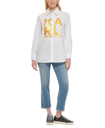Женская хлопковая рубашка на пуговицах с золотым логотипом Karl Lagerfeld Paris