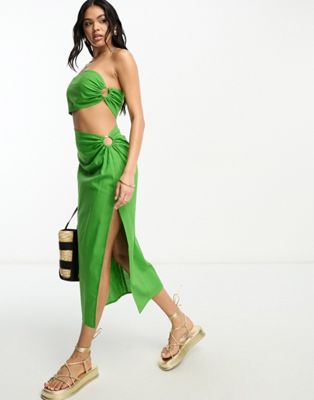 Зеленое летнее платье-бандо асимметричного силуэта 4th & Reckless Sunset 4TH & RECKLESS