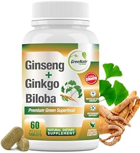 Ginko Biloba & Panax Ginseng Supplement - Red Ginseng Brain Supplement for Memory and Focus - Ginkgo Biloba Supplements for Good Vision, Immune System and Improved Blood Flow - 60 Tablets GreeNatr