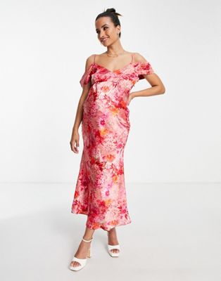 Hope & Ivy Maternity cold shoulder satin midi dress in red and pink floral Hope & Ivy Maternity