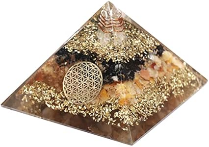 Crocon Yellow Aventurine & Black Tourmaline Orgone Pyramid with Flower of Life Symbol Pyramids Healing Stone orgonite Gemstone Pyramid Reiki Crystal Chakra organite size2.5 inch Crocon