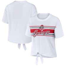 Women's WEAR by Erin Andrews White Ohio State Buckeyes Striped Front Knot Cropped T-Shirt WEAR by Erin Andrews