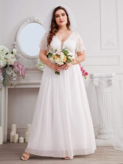 размера плюс Свадебное платье с кружевной отделкой с молнией SHEIN