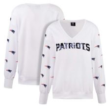 Women's Cuce White New England Patriots Sequin Fleece V-Neck T-Shirt Cuce