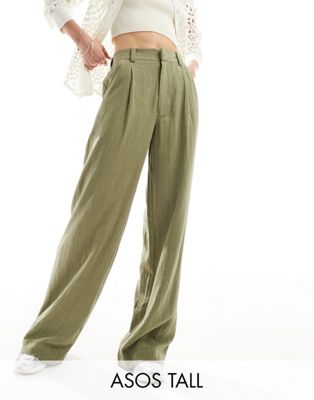 ASOS DESIGN Tall Wide leg dad pants with linen in olive ASOS Tall