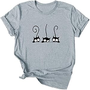 Lailezou Women's Three Cats Pattern Solid Color Printing O-Neck Simple T-Shirt Summer Casual Basic Short-Sleeved top Lailezou