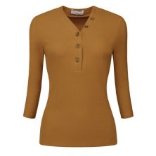 Women's Button V Neck Blouse Basic 3/4 Sleeve Knitted Tops Hombety