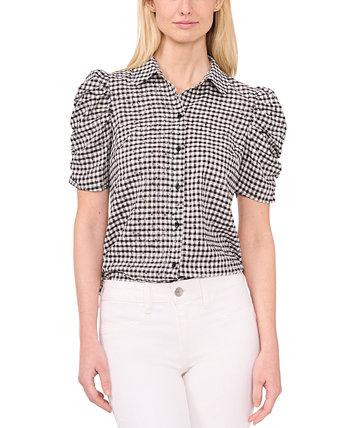 Women's Ruched Sleeve Collared Button Down Blouse CeCe