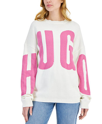 Женский вязаный свитер оверсайз с круглым вырезом и логотипом HUGO BOSS