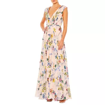 Плиссированное платье А-силуэта с цветочным принтом MAC DUGGAL