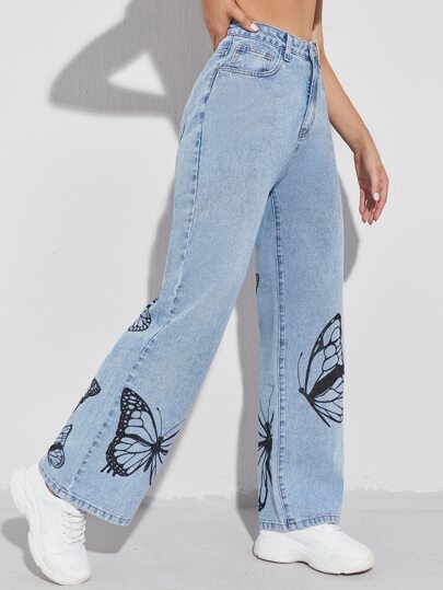 Широкие джинсы с принтом бабочек SHEIN