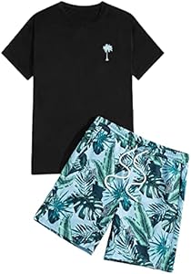 GORGLITTER Men's 2 Piece Short Sleeve Graphic Tee Hawaiian Printed Drawstring Shorts Set Gorglitter