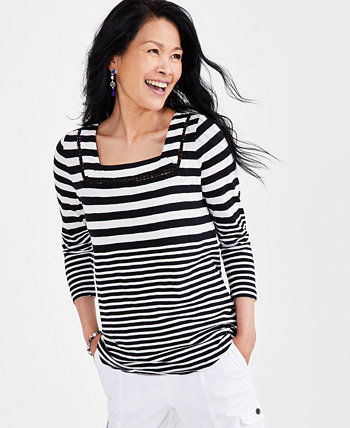 Women's Stripe Square-Neck 3/4-Sleeve Top, Created for Macy's Style & Co