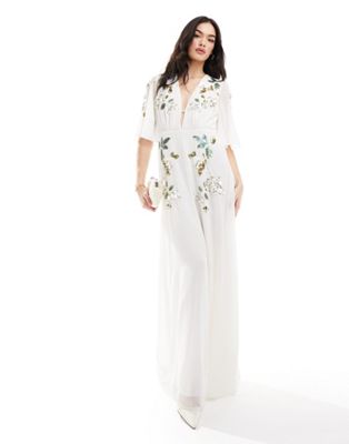 Hope & Ivy Bridal flutter sleeve embroidered floral maxi dress in ivory Hope & Ivy