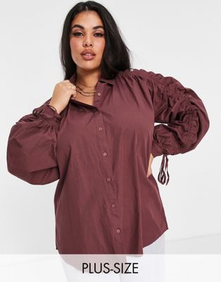 Influence Plus tie sleeve shirt in brown Influence Plus