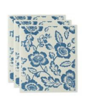 Swedish Dishcloths for Kitchen Cleaning, Machine Washable Dishwasher Safe, 7.75 x 6.75", Blue Floral, 3 Piece Design Imports