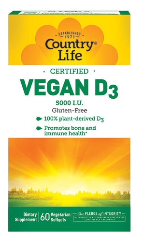 Country Life Vegan D3 Без глютена -- 5000 МЕ - 60 Вегетарианские мягкие капсулы Country Life