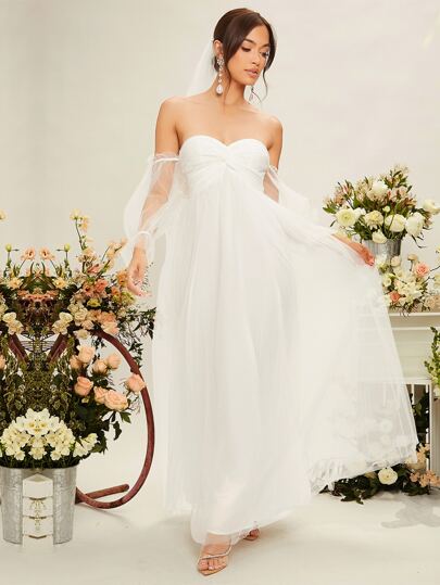 SHEIN Свадебное платье с открытыми плечами со сборками сетчатый SHEIN
