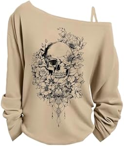 COZYEASE Women's Plus Size Off Shoulder Graphic Tees Long Sleeve Skull Floral Print T Shirt Cozyease