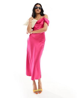 Style Cheat cold shoulder satin maxi dress in hot pink Style Cheat