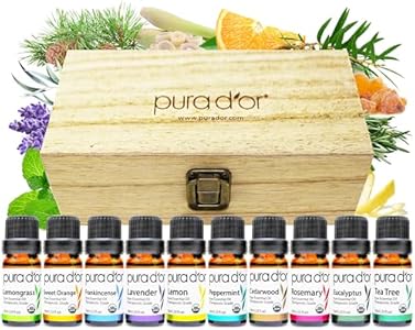 PURA D'OR Organic Perfect10 Essential Oils Set - 10x 10mL Wood Box Aromatherapy Gift Set - 100% Pure Therapeutic Grade for Relaxation and Wellness (Lavender, Peppermint, Eucalyptus, Tea Tree & More) PURA D'OR