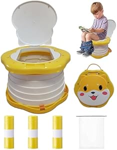 Tortable Toddler Potty，Travel Potty，Potty Training Toilet Seat for Toddlers Boys Girls，for Travel，Camping, Outdoor, Indoor，With 75 Disposable Bags，Cartoon Design,Children Will Like it More SunnySmile