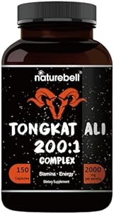 Tongkat Ali 200:1 (Longjack) Extract for Men, 2000mg Per Serving, 150 Capsules, Indonesia Origin, Eurycoma Longifolia | with Panax Ginseng for Energy, Stamina, & Male Health Support NatureBell