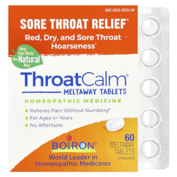 ThroatCalm©, Sore Throat Relief, For Ages 4+ Years, Unflavored (Без вкуса), 60 Meltaway Tablets (Таблетки для рассасывания) Boiron