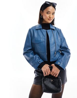 Muubaa minimal boxy fit leather jacket in inky blue Muubaa
