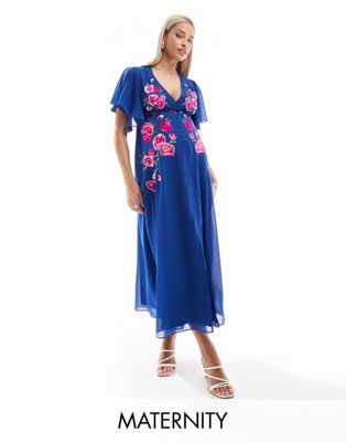 Hope & Ivy Maternity embroidered midi dress with floaty sleeves in blue Hope & Ivy