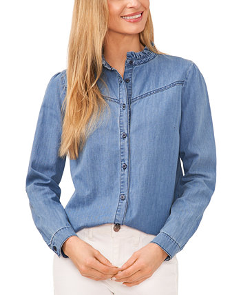 Женская джинсовая блузка на пуговицах с рюшами и воротником CeCe