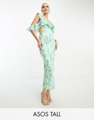 Атласное платье миди с объемными рукавами ASOS DESIGN Tall с лаймовым цветочным принтом ASOS Tall