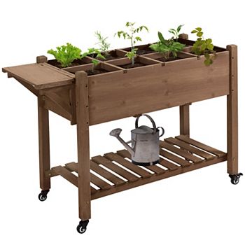 Outsunny 49'' x 21'' x 34'' Raised Garden Bed w/ 8 Grow Grids Outdoor Wood Plant Stand w/ Storage Shelf and Lockable Wheels for Vegetables/Flower Outsunny