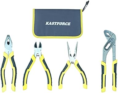 KF4024 Pliers Kit Includes 8-inch Linemans Pliers, 6-inch Diagonal Cutting Pliers, 6-inch Long Nose Pliers, 8-inch Groove Joint Pliers, Hardware Bag Kastforce