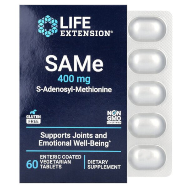 SAMe S-Аденозил-Метионин - 400 мг - 60 энтеросолюбильных вегетарианских таблеток - Life Extension Life Extension