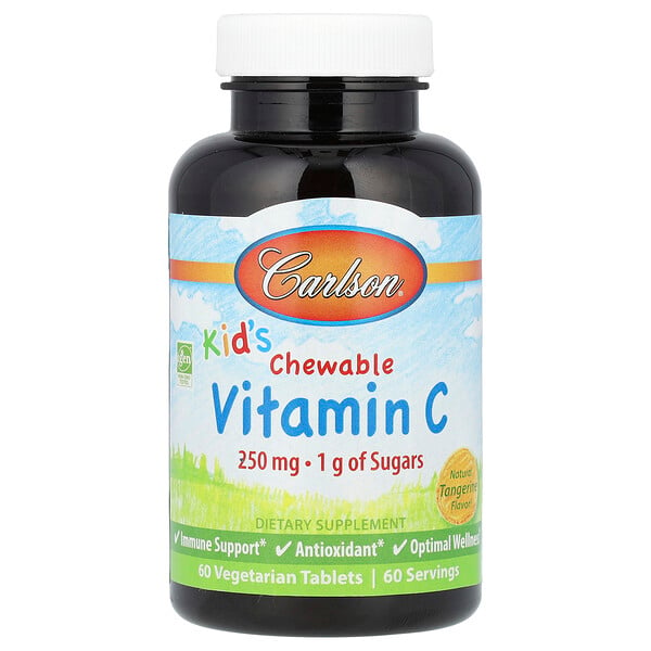 Kid's, Жевательный витамин С, натуральный мандарин, 250 мг, 60 вегетарианских таблеток Carlson