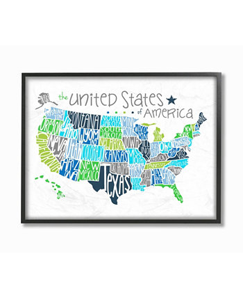 Цветная типографская типографская карта Соединенных Штатов в рамке в стиле жикле, 11 x 14 дюймов Stupell Industries