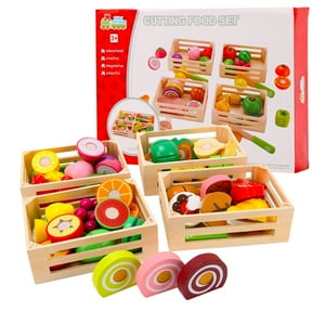 WoodenEdu 58pcs Cutting Food Sets for Kids Kitchen,Wooden Pretend Play Cutting Fruits Green Vegetables WoodenEdu