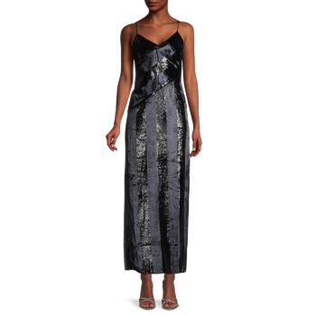 Бархатное макси-платье в металлическую полоску Yumi Kim