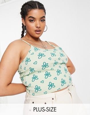 Daisy Street Plus cami crop top in sketchy green floral Daisy Street Plus