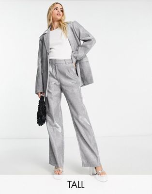 Pieces Tall exclusive tailored straight leg pants in silver glitter - part of a set Pieces Tall