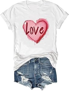 Womens Valentines Tshirt Cute Love Heart Graphic Tee Crew Neck Causal Short Sleeves Tops Omzura