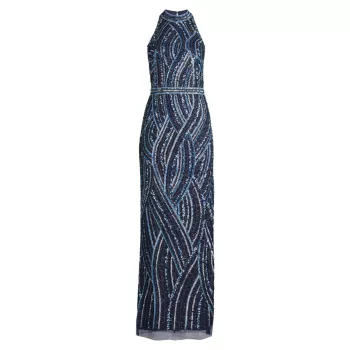 Платье-колонна с воротником-стойкой, расшитым бисером Aidan Mattox