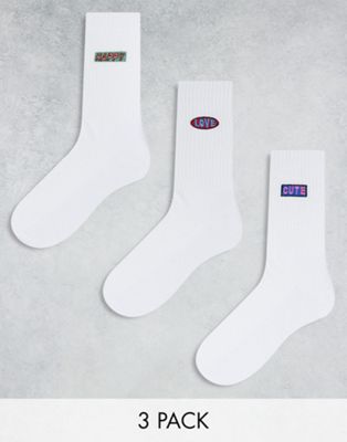 ASOS DESIGN 3pk sock with love embroidery in white ASOS DESIGN