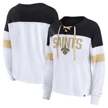 Women's Fanatics Branded White/Black New Orleans Saints Plus Size Even Match Lace-Up Long Sleeve V-Neck T-Shirt Fanatics